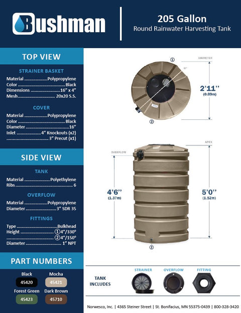 Bushman 205 Gallon Rainwater Harvesting Tank - Mocha